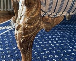 Pair of Blue & White Stripe Upholstered Britt Carter Bergere Chairs. Each Measures 60" W x 27"D x 30" H. Photo 2 of 5.