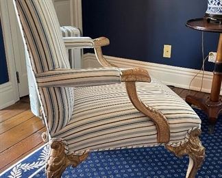 Pair of Blue & White Stripe Upholstered Britt Carter Bergere Chairs. Each Measures 60" W x 27"D x 30" H. Photo 4 of 5.