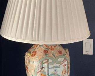 Pair of Orange Famille Rose Vases Turned into Table Lamps. Photo 1 of 4.