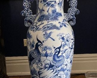 Blue & White Chinoiserie Urn. Measures 31" H x 14" D.