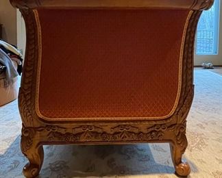 Reproduction Victorian Style Britt Carter Carved Wood Upholstered Two-Seat Sofa with Contrasting Fabric. Measures 82" W x 36" D. Photo 4 of 6.