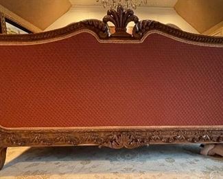 Reproduction Victorian Style Britt Carter Carved Wood Upholstered Two-Seat Sofa with Contrasting Fabric. Measures 82" W x 36" D. Photo 2 of 6.