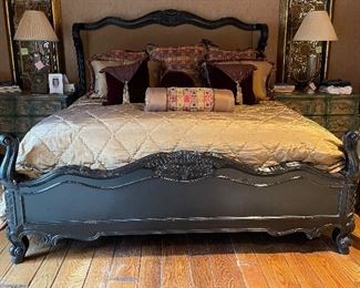 Ebonzied Wood Upholstered King Size Bed Frame in the Style of Michael Taylor. Photo 1 of 6.