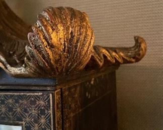 Britt Carter Ebonized Wood Pagoda-Style Mirrored Cabinet With Two Selves with Gilt Trimmed Chinoiserie Motif. Photo 3 of 6.