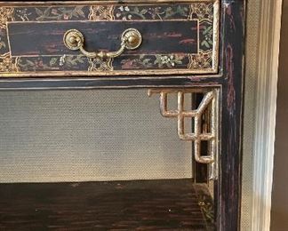 Britt Carter Ebonized Wood Pagoda-Style Mirrored Cabinet With Two Selves with Gilt Trimmed Chinoiserie Motif. Photo 6 of 6.