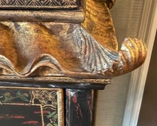 Britt Carter Ebonized Wood Pagoda-Style Mirrored Cabinet With Two Selves with Gilt Trimmed Chinoiserie Motif. Photo 4 of 6.