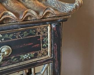Britt Carter Ebonized Wood Pagoda-Style Mirrored Cabinet With Two Selves with Gilt Trimmed Chinoiserie Motif. Photo 5 of 6.