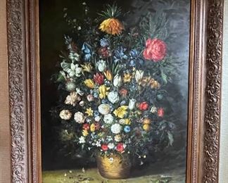 Grand Floral Still Life. Oil on Canvas. Signed Benson. Measures 46.5" x 35.5" without Frame. Photo 1 of 2.