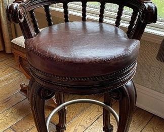 Pair of Britt Carter Leather Upholstered Swivel Bar / Bistro Table Stools With Brass Foot Rest. Measures 32" Seat Height. Photo 1 of 2.