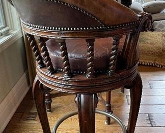 Pair of Britt Carter Leather Upholstered Swivel Bar / Bistro Table Stools With Brass Foot Rest. Measures 32" Seat Height. Photo 2 of 2.