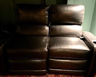 Leather Theater Recliner Chairs - 2 Sets Available. Can Be Staged As Loveseat or Two Independent Chairs with Optional Bolster. Comes with In-Arm Drink Holder and Snack Tray.