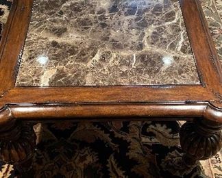 Britt Carter Marble Top Cocktail Table with Turned Wood Legs. Measures 39" W x 59" D x 22" H. Photo 1 of 2.