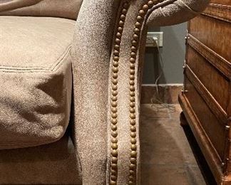 Century Leather Upholstered Three-Seat Sofa with Nailhead Trim. Measures 86" W x 44" D. Photo 2 of 2.