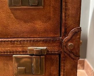 Maitland-Smith Leather Stacked Briefcase-Style Side Table with Leather Pulls and Brass Hardware. Photo 2 of 2.