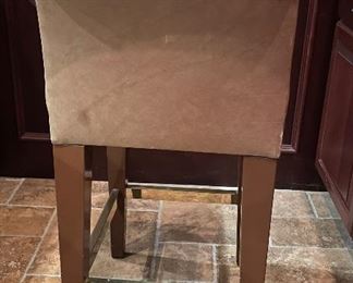 Pair of Leather Upholstered Counter Stools with Brass Foot Rests. Photo 2 of 3.