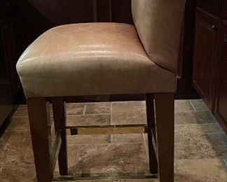Pair of Leather Upholstered Counter Stools with Brass Foot Rests. Photo 3 of 3.
