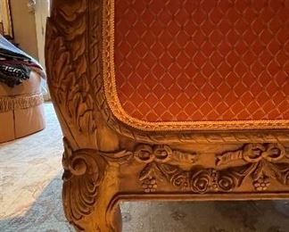 Reproduction Victorian Style Britt Carter Carved Wood Upholstered Two-Seat Sofa with Contrasting Fabric. Measures 82" W x 36" D. Photo 5 of 6.