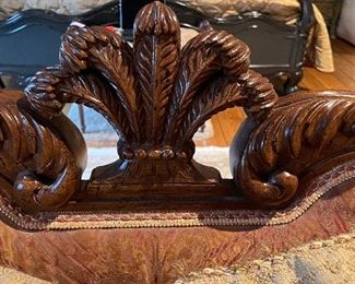 Reproduction Victorian Style Britt Carter Carved Wood Upholstered Two-Seat Sofa with Contrasting Fabric. Measures 82" W x 36" D. Photo 3 of 6.