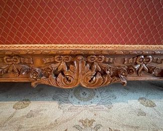 Reproduction Victorian Style Britt Carter Carved Wood Upholstered Two-Seat Sofa with Contrasting Fabric. Measures 82" W x 36" D. Photo 6 of 6.