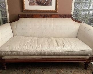Tommy Bahama Florida / Plantation-Style Carved Wood Upholstered Sofa. Measures 88" W x 40" D. Photo 1 of 3.