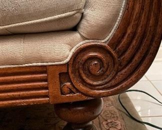 Tommy Bahama Florida / Plantation-Style Carved Wood Upholstered Sofa. Measures 88" W x 40" D. Photo 3 of 3.