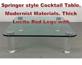 Lot 626 Glass and Lucite Karl Springer style Cocktail Table. Modernist Materials. Thick Lucite Rod Legs with
