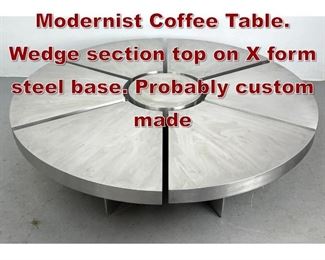 Lot 630 Stainless Steel Modernist Coffee Table. Wedge section top on X form steel base. Probably custom made