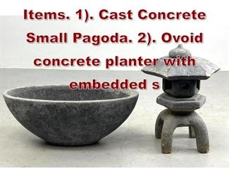 Lot 643 2pc Garden Outdoor Items. 1. Cast Concrete Small Pagoda. 2. Ovoid concrete planter with embedded s