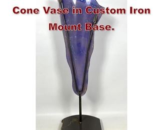 Lot 644 Blue Purple Glass Cone Vase in Custom Iron Mount Base. 
