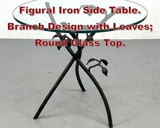 Lot 657 Giacometti inspired Figural Iron Side Table. Branch Design with Leaves Round Glass Top. 