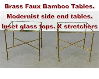 Lot 684 Pr MAISON BAGUES Brass Faux Bamboo Tables. Modernist side end tables. Inset glass tops. X stretchers