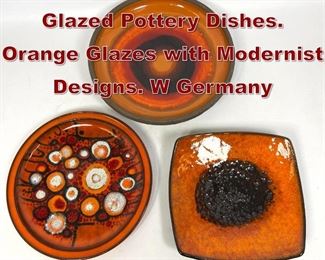 Lot 725 3pc WEST GERMAN Glazed Pottery Dishes. Orange Glazes with Modernist Designs. W Germany 