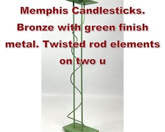 Lot 759 SWID POWELL Tall Memphis Candlesticks. Bronze with green finish metal. Twisted rod elements on two u