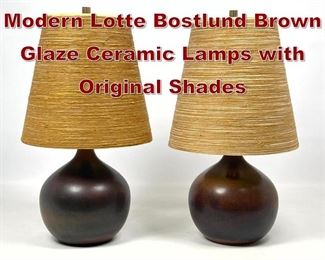 Lot 766 Pair of Mid Century Modern Lotte Bostlund Brown Glaze Ceramic Lamps with Original Shades