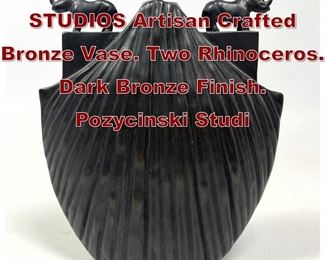 Lot 768 POZYCINSKI STUDIOS Artisan Crafted Bronze Vase. Two Rhinoceros. Dark Bronze Finish. Pozycinski Studi