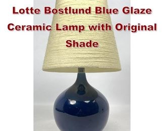 Lot 789 Mid Century Modern Lotte Bostlund Blue Glaze Ceramic Lamp with Original Shade