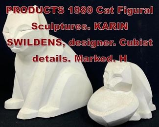 Lot 794 2pc AUSTIN PRODUCTS 1989 Cat Figural Sculptures. KARIN SWILDENS, designer. Cubist details. Marked. H