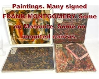 Lot 809 4pc Modernist Paintings. Many signed FRANK MONTGOMERY. Some on Masonite. Some on mounted canvas. 