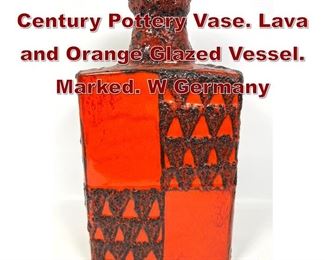 Lot 846 WEST GERMAN Mid Century Pottery Vase. Lava and Orange Glazed Vessel. Marked. W Germany 