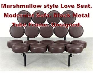 Lot 903 Brown Cushion Marshmallow style Love Seat. Modernist Sofa. Black Metal Tube Frame. Unsigned.
