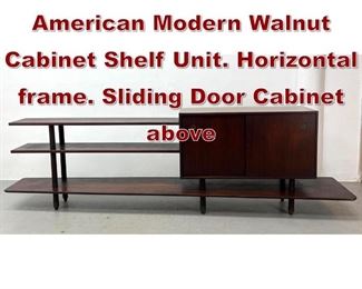 Lot 924 Custom 10.5 American Modern Walnut Cabinet Shelf Unit. Horizontal frame. Sliding Door Cabinet above