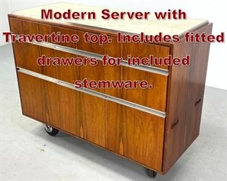 Lot 940 Custom Mid Century Modern Server with Travertine top. Includes fitted drawers for included stemware.