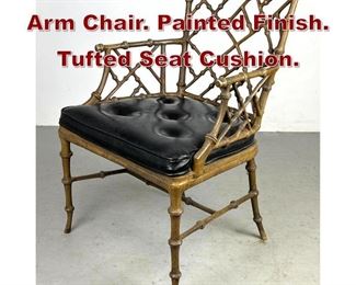 Lot 958 Metal Faux Bamboo Arm Chair. Painted Finish. Tufted Seat Cushion. 