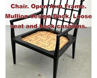 Lot 970 Ebonized Wood Arm Chair. Open Arm Frame. Mullion design Back. Loose seat and back cushions.