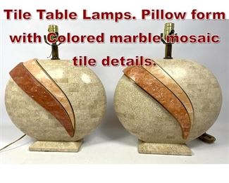 Lot 983 Pr Tessellated Marble Tile Table Lamps. Pillow form with Colored marble mosaic tile details. 