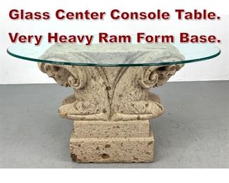 Lot 991 Decorator Stone and Glass Center Console Table. Very Heavy Ram Form Base. 