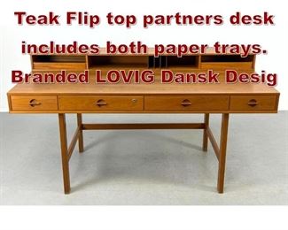Lot 1028 Peter Lovig Nielsen Teak Flip top partners desk includes both paper trays. Branded LOVIG Dansk Desig