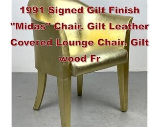 Lot 1043 KARL SPRINGER 1991 Signed Gilt Finish Midas Chair. Gilt Leather Covered Lounge Chair. Gilt wood Fr