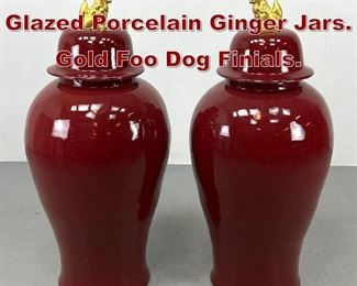 Lot 1049 Pr Large 46 Tall Glazed Porcelain Ginger Jars. Gold Foo Dog Finials. 