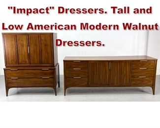 Lot 1059 Pr KENT COFFEY Impact Dressers. Tall and Low American Modern Walnut Dressers. 
